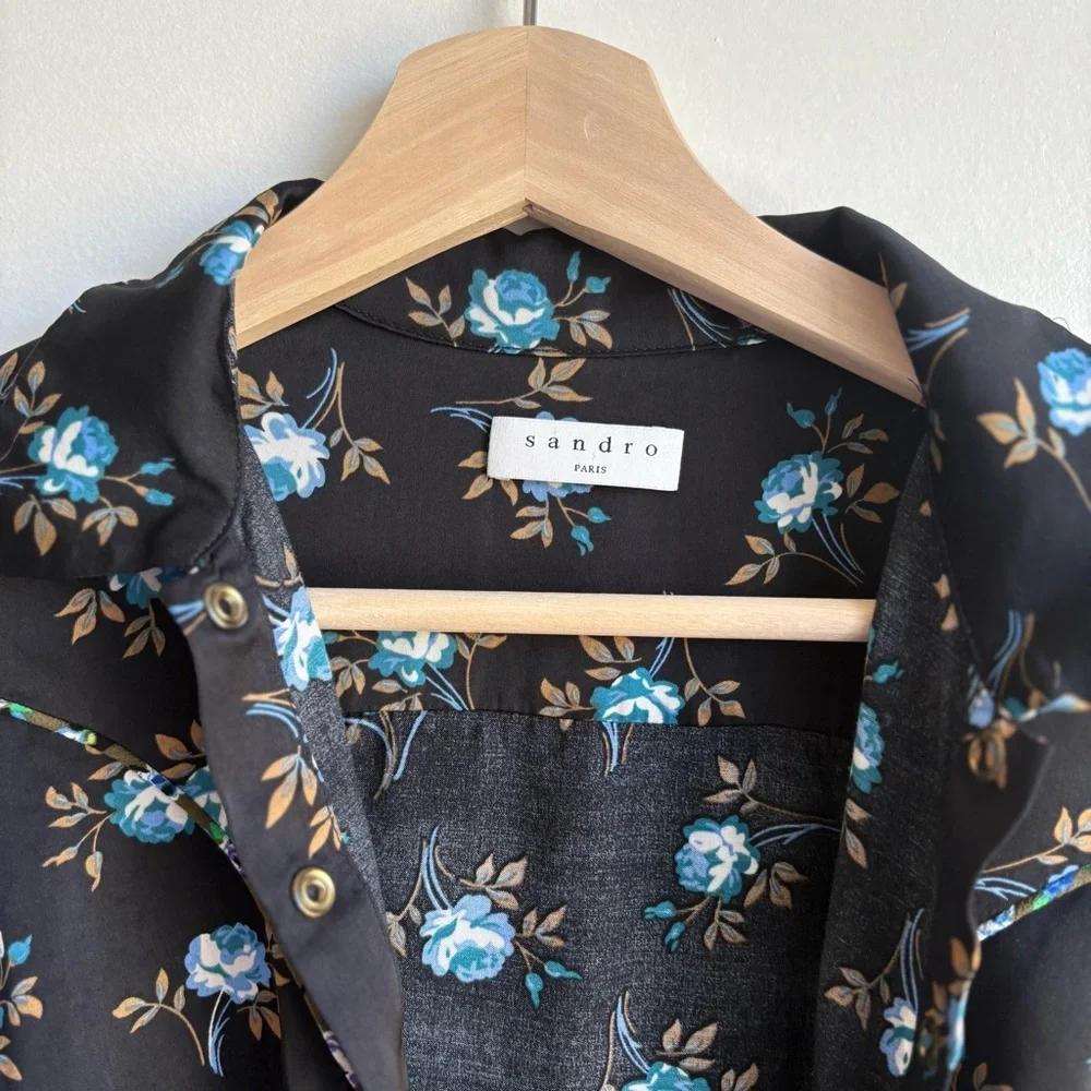 Sandro Paris Black Floral Button-Front Satin Dress- Size 38 (US 6) 100% Viscose - Picture 5 of 14
